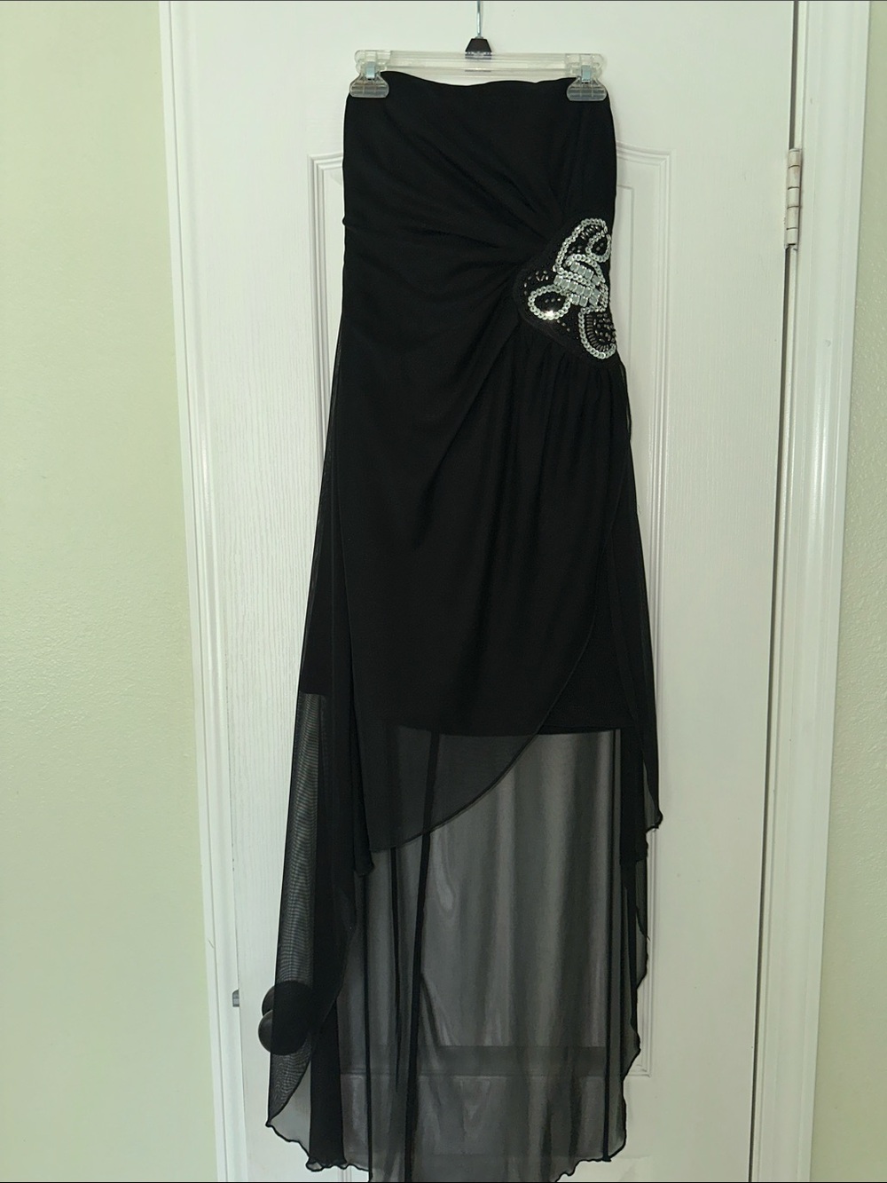 Strapless Black High-Low Evening Dress with Beaded Detail